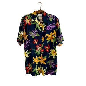 Vintage 90s Elisabeth Rayon Tropical Floral Button Up Shirt S Navy Blue Hawaiian